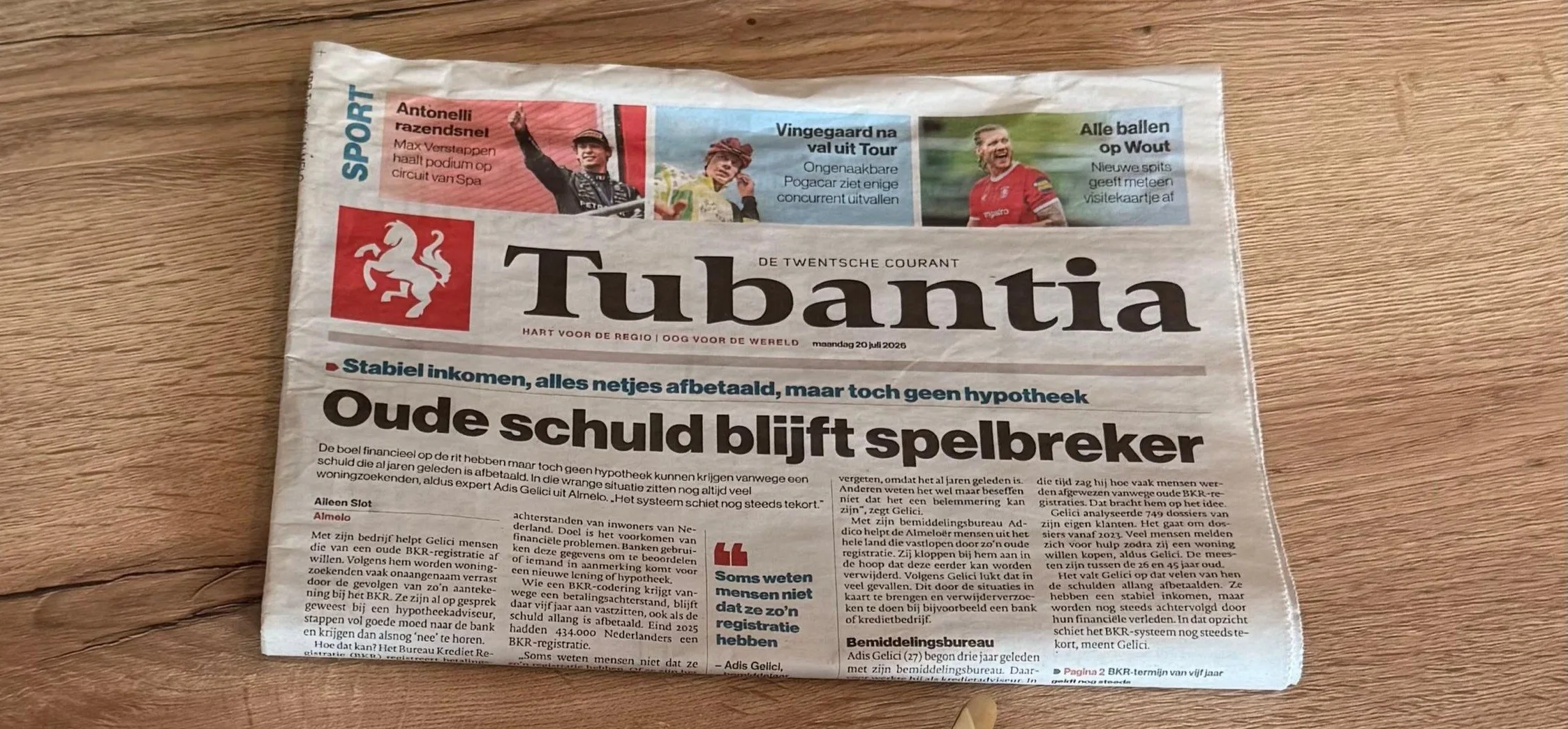 Addico op de voorpagina van Tubantia